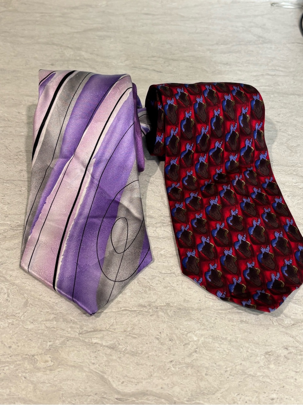 J. Garcia Lavender and Silver Diagonal Stripe and red guitar silk ties